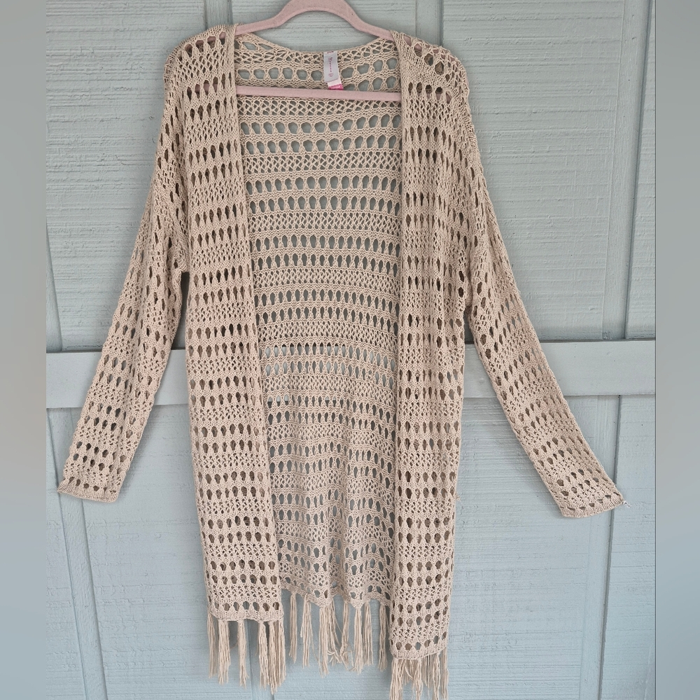 No Boundaries Open-Knit Fringe Cardigan in Beige